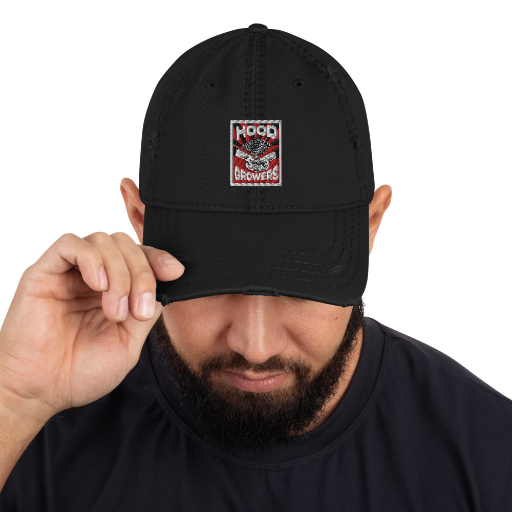 Distressed Hat with Hood Growers Classic Red Embroidered Patch